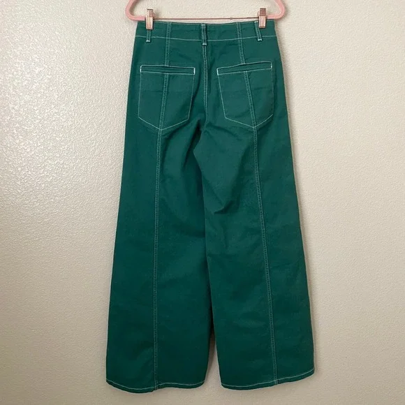 Anthropologie Maeve Pants Womens 27 Green Delaney Wide Leg Stitched High Rise - Picture 8 of 12